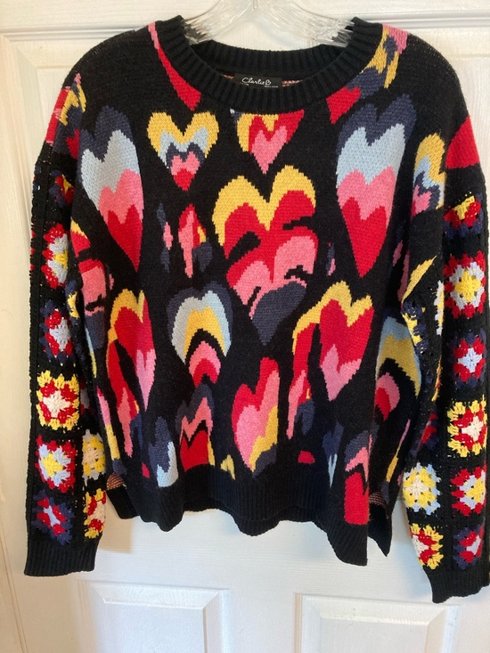 CHARLIE B Sweaters - CHARLIE B Sweater with crochet sleeves: Red, Pink, Yellow & Blue Heart Motif